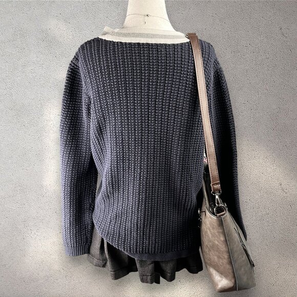 Liz Claiborne Chunky Knit V-Neck Sweater Women’s XLT Navy Preppy Academia Cozy - Picture 2 of 8